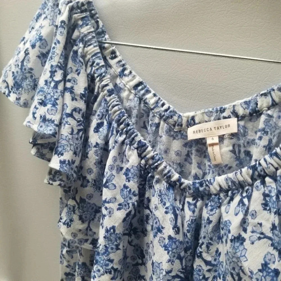 NWOT Rebecca Taylor Blue  White Floral Ruffle Top Cotton Blouse 6 - Picture 7 of 8